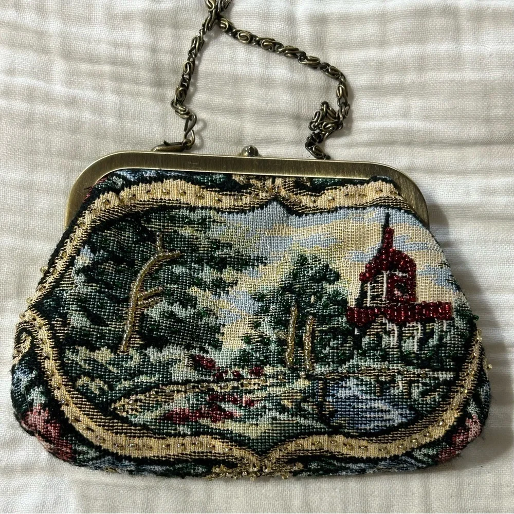Carlo Fellini Vintage Tapestry Beaded Kiss Lock Purse Bag crossbody